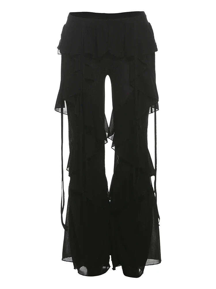 Y2K Patchwork Sheer Flare Pants Women Low Rise Stretch Trousers-Blue / S