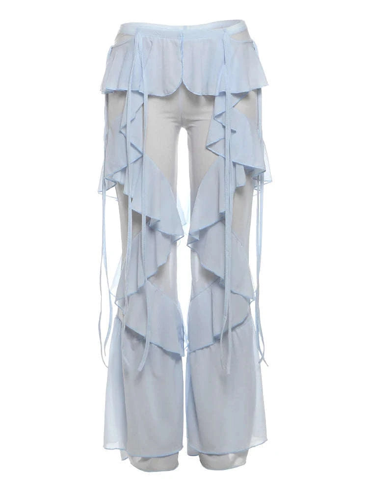 Y2K Patchwork Sheer Flare Pants Women Low Rise Stretch Trousers-Blue / S