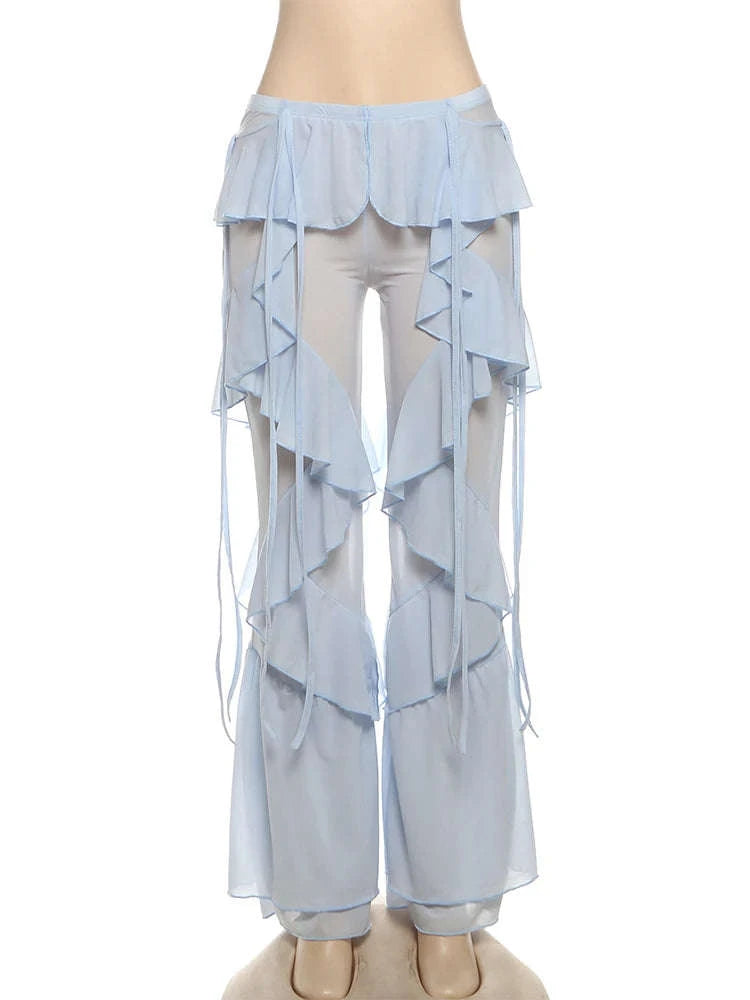Y2K Patchwork Sheer Flare Pants Women Low Rise Stretch Trousers-Blue / S