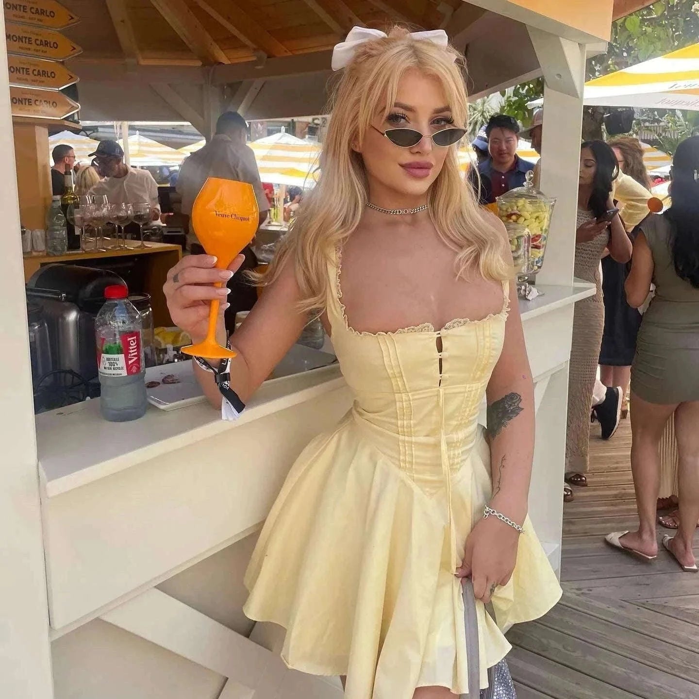 Yellow A-Line Dress with Lace-Up Detail and Mini Length-Yellow / XS