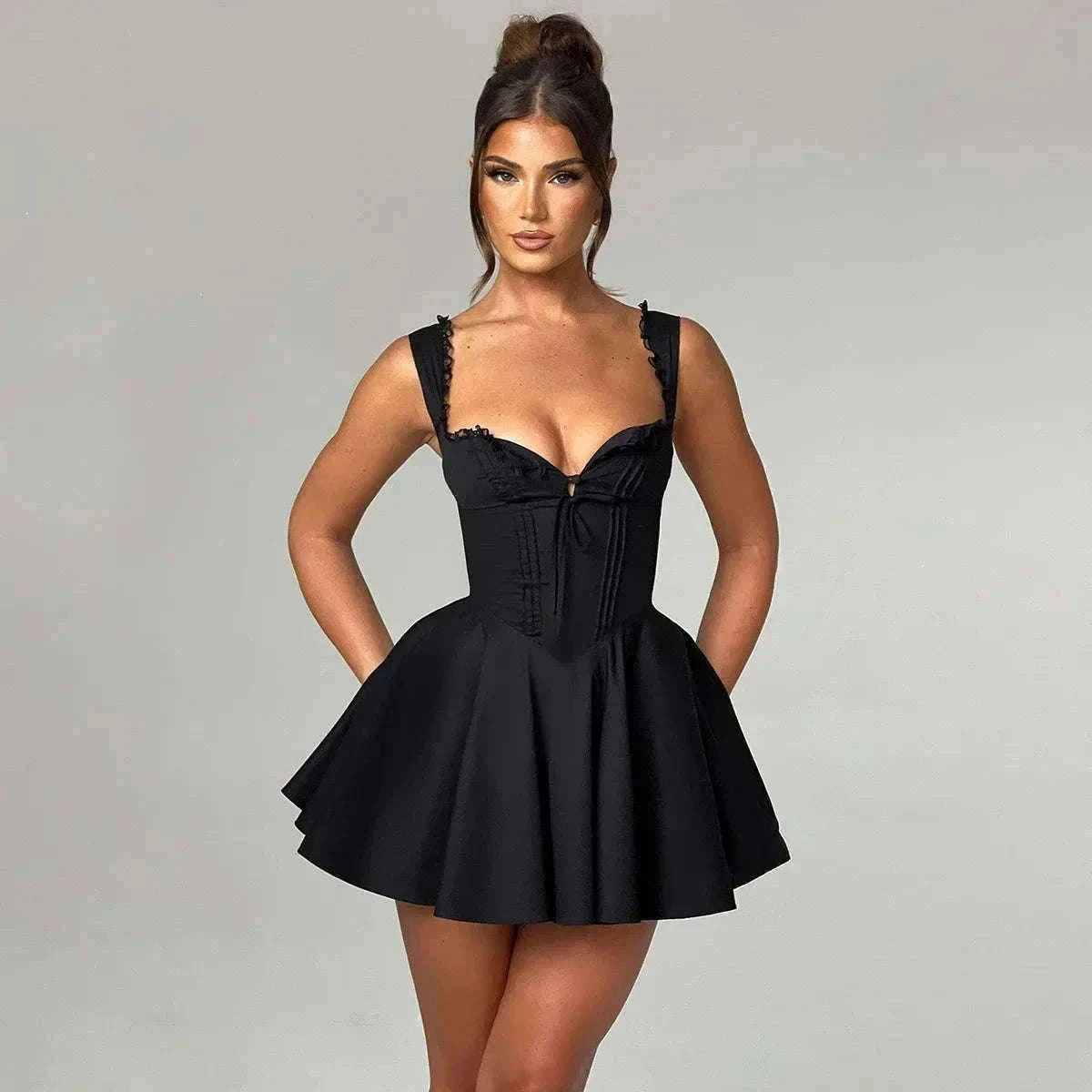 Yellow A-Line Dress with Lace-Up Detail and Mini Length-Yellow / XS