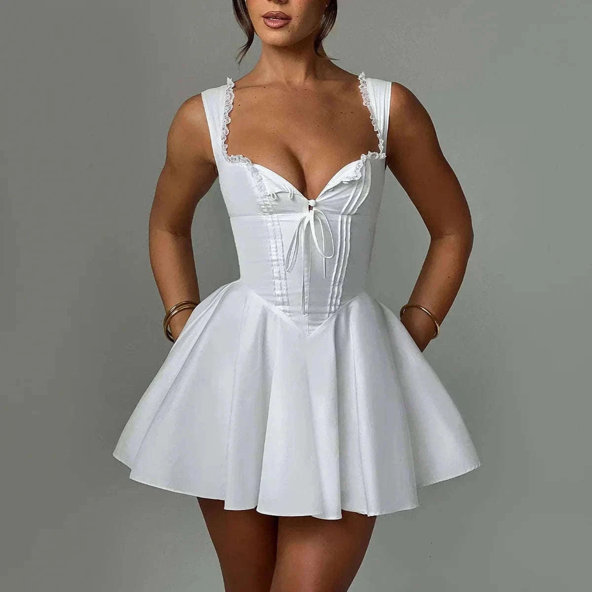 Yellow A-Line Dress with Lace-Up Detail and Mini Length-Yellow / XS