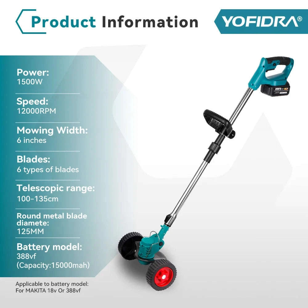 YOFIDRA 100-135cm Electric Lawn Mower 1500W Cordless Foldable Trimmer Pruning Cutting Garden Power Tool For Makita Battery Pin-GERMANY / Without Battery-a