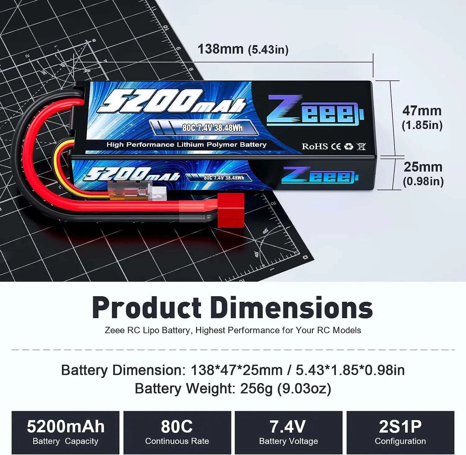 Zeee 2S 5200mAh 80C RC LiPo Battery with Multiple Plug Options-2 pcs T / GERMANY