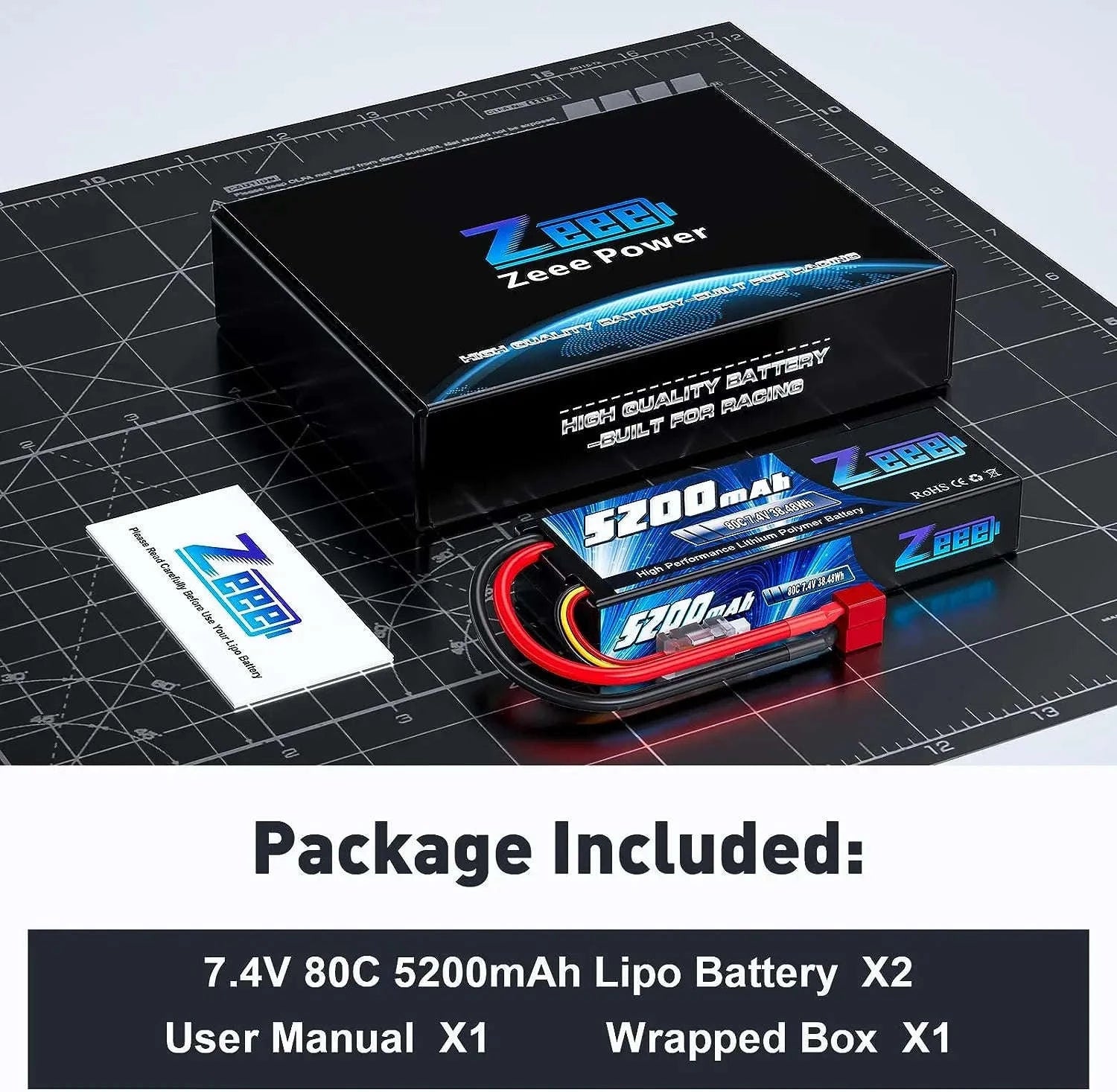 Zeee 2S 5200mAh 80C RC LiPo Battery with Multiple Plug Options-2 pcs T / GERMANY