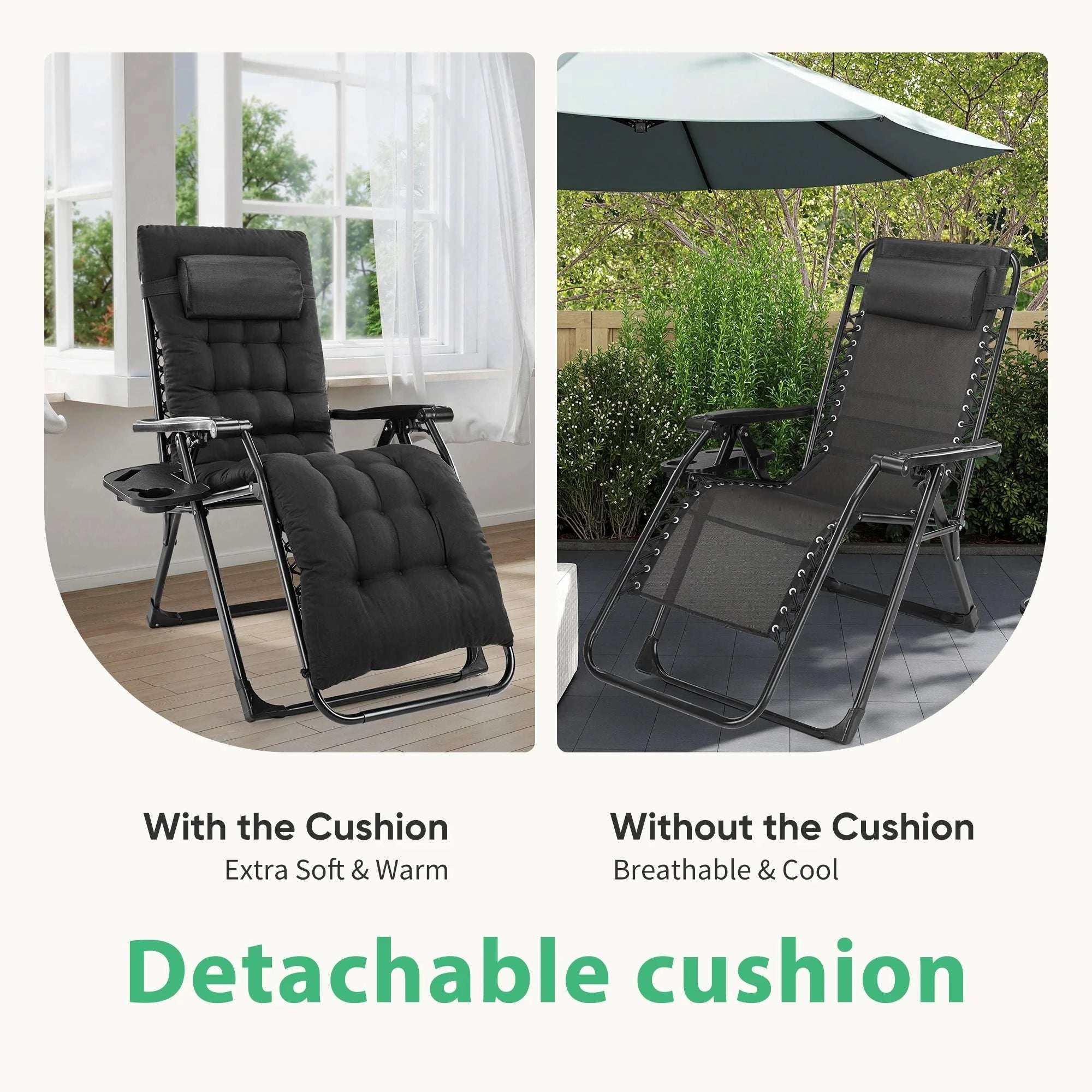 Zero Gravity Recliner Outdoor Lounge Chair with Cup Holder & Cushion-LIGHT GRAY / United States