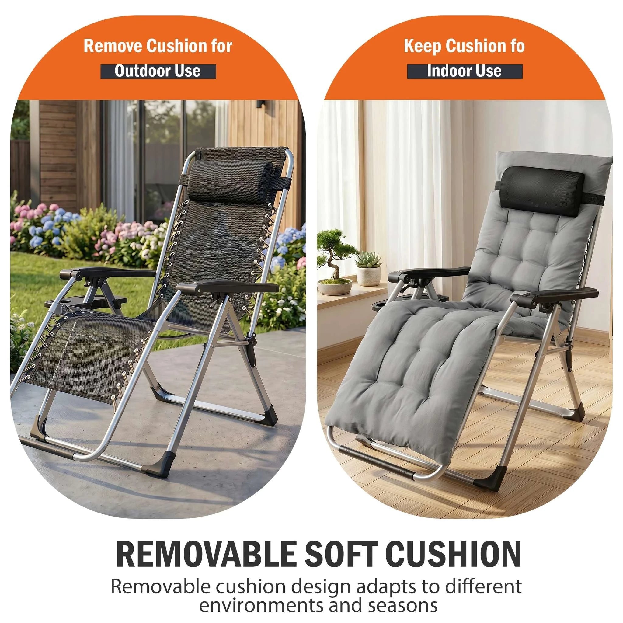 Zero Gravity Reclining Camping Chair with Cushion & Cup Holder-Grey / United States