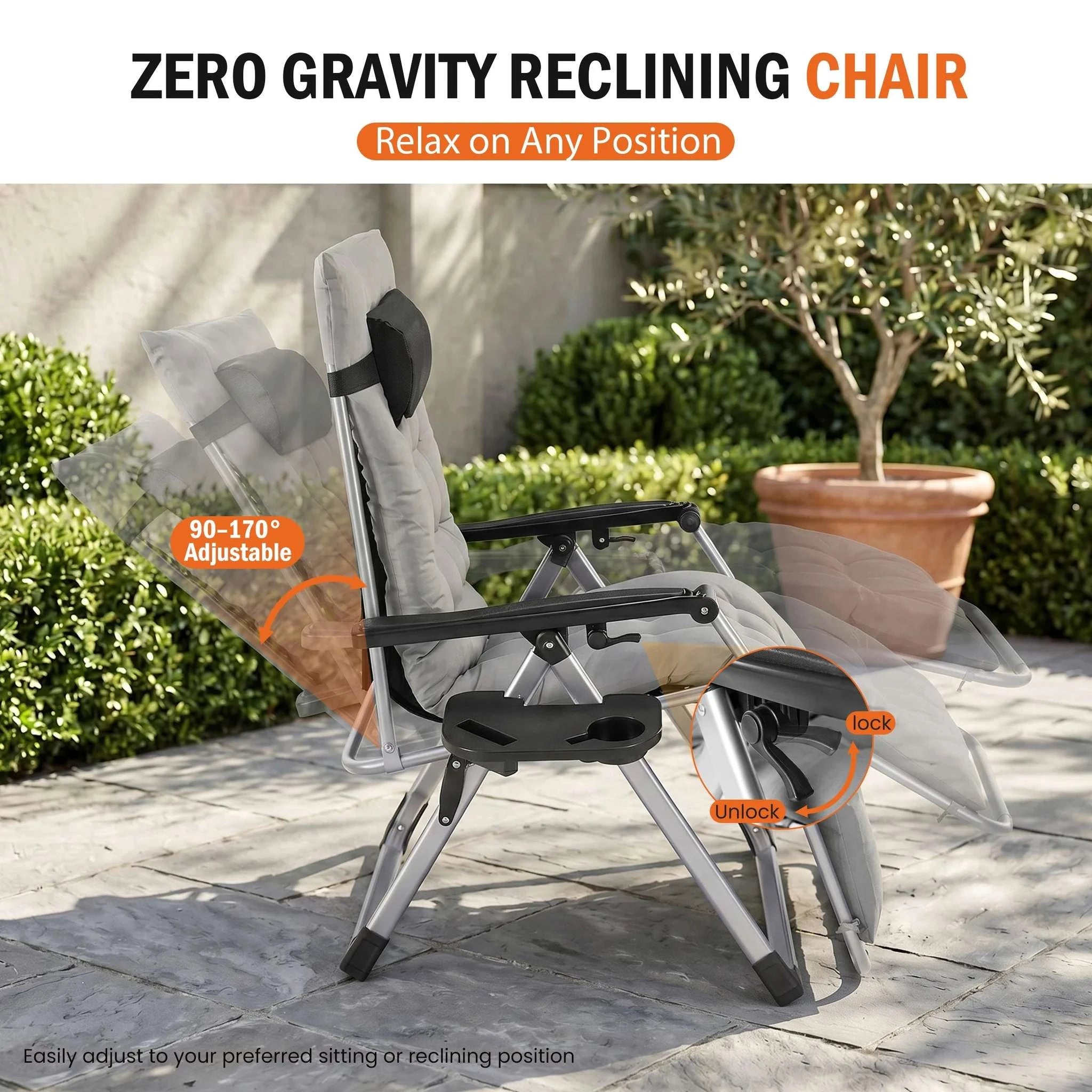 Zero Gravity Reclining Camping Chair with Cushion & Cup Holder-Grey / United States