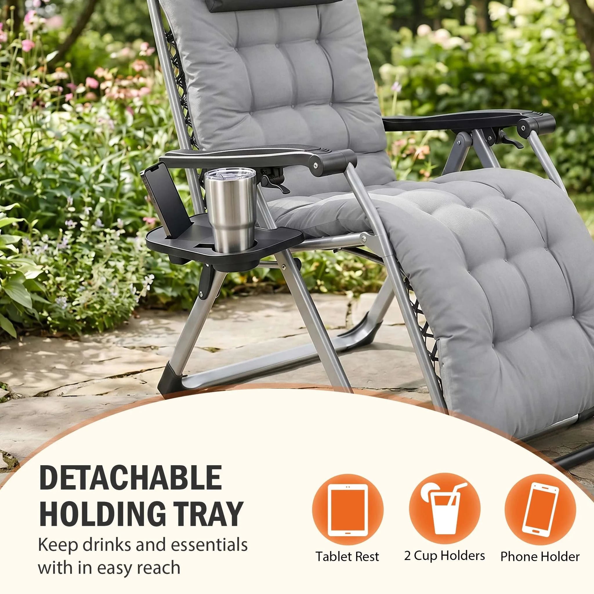Zero Gravity Reclining Camping Chair with Cushion & Cup Holder-Grey / United States