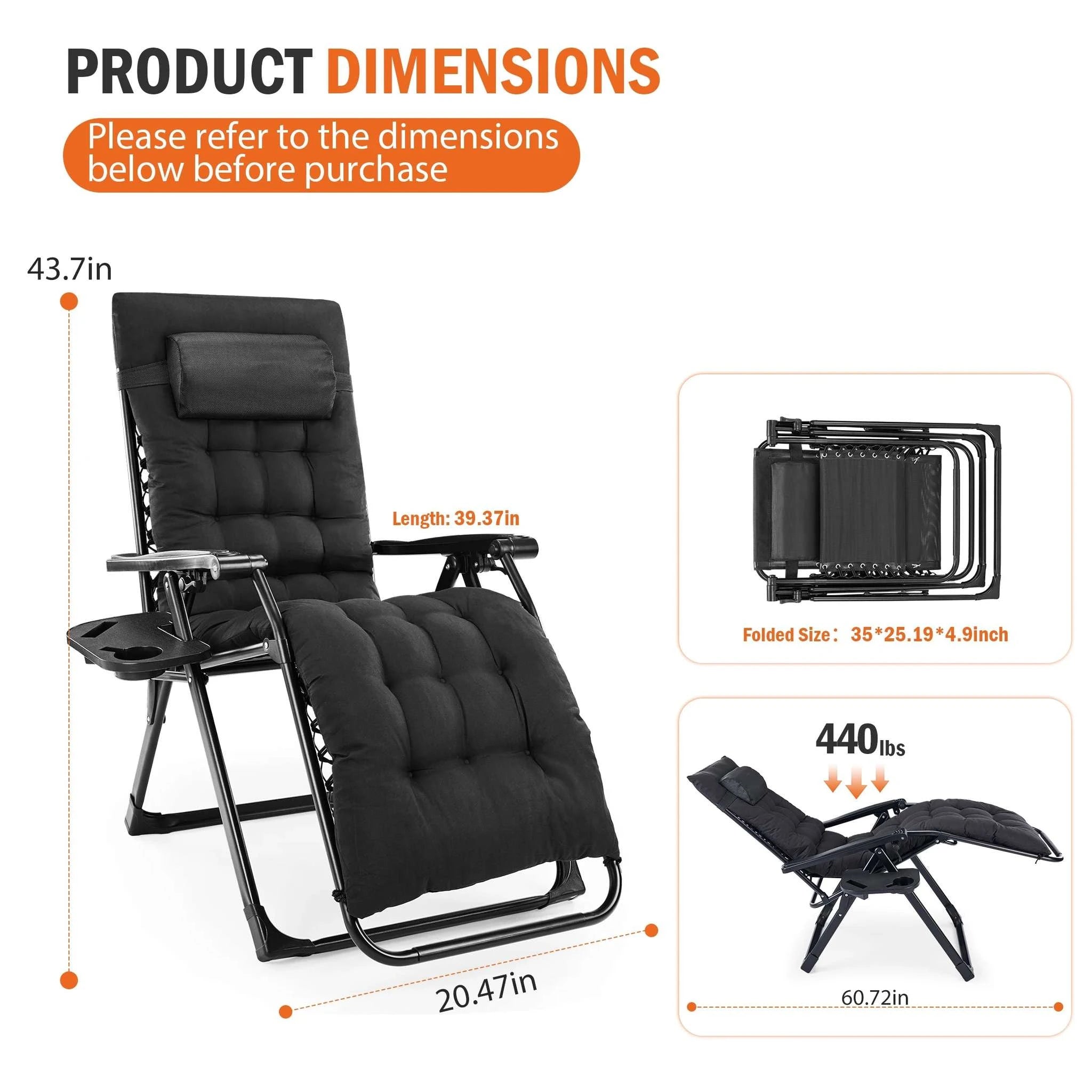 Zero Gravity Reclining Camping Chair with Cushion & Cup Holder-Grey / United States