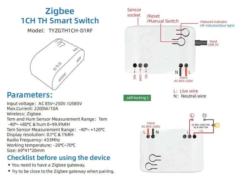 Zigbee Smart Switch with Temperature & Humidity Sensor Control-Input 85-250V / Temperature Switch / China Mainland