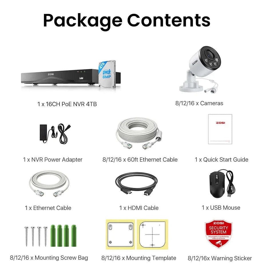 ZOSI 16CH 4K PoE CCTV System with 4TB HDD and 8MP Cameras-12PCS 8MP Cam 4TB / Australia