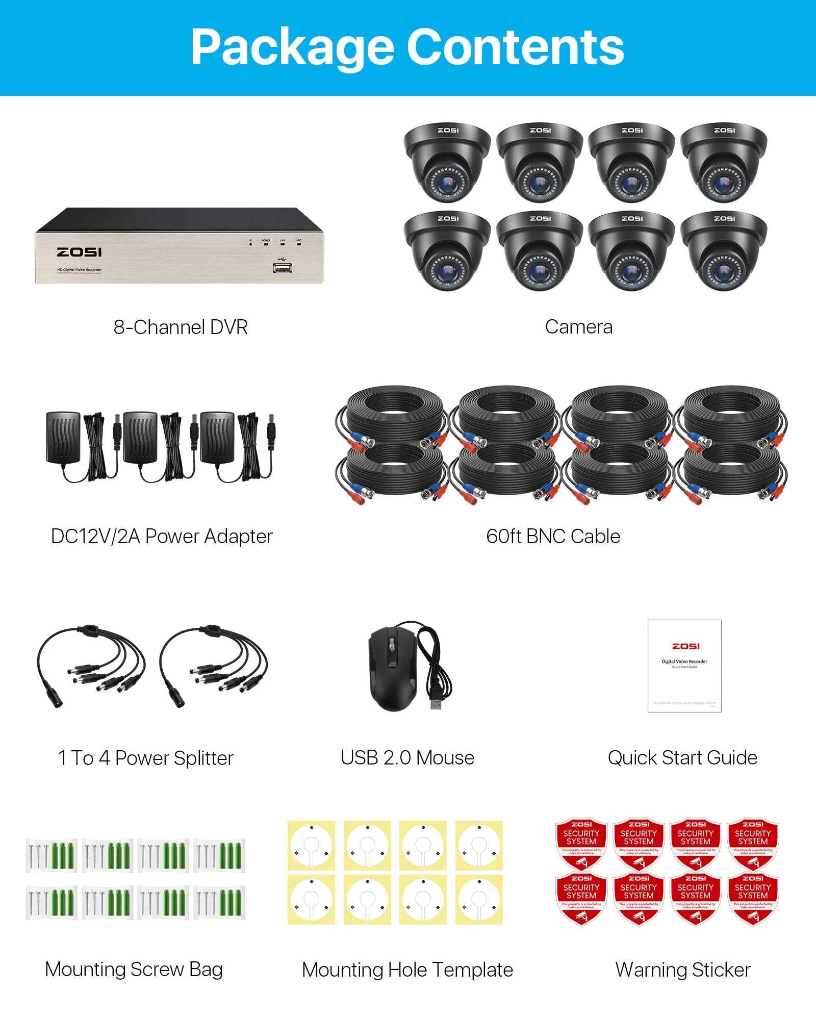 ZOSI 8CH 1080P Wired Security Camera System with 8 Dome Cameras-Black / None / Poland