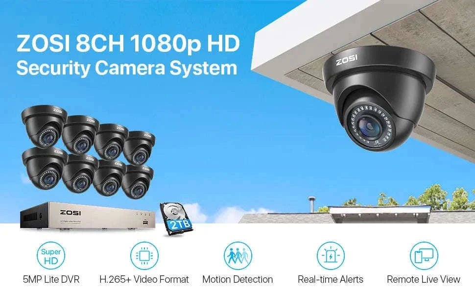 ZOSI 8CH 1080P Wired Security Camera System with 8 Dome Cameras-Black / None / Poland