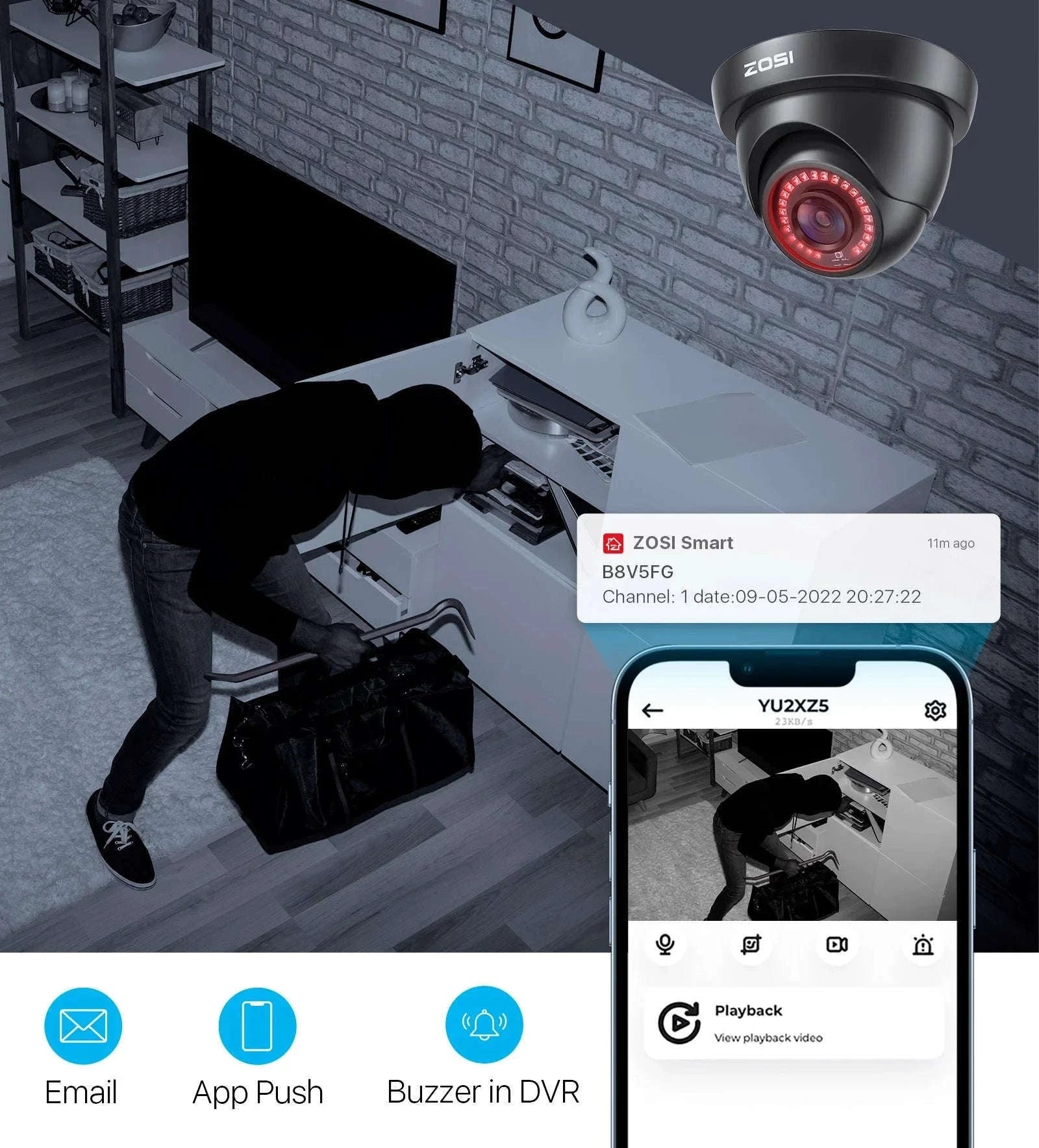 ZOSI 8CH 1080P Wired Security Camera System with 8 Dome Cameras-Black / None / Poland
