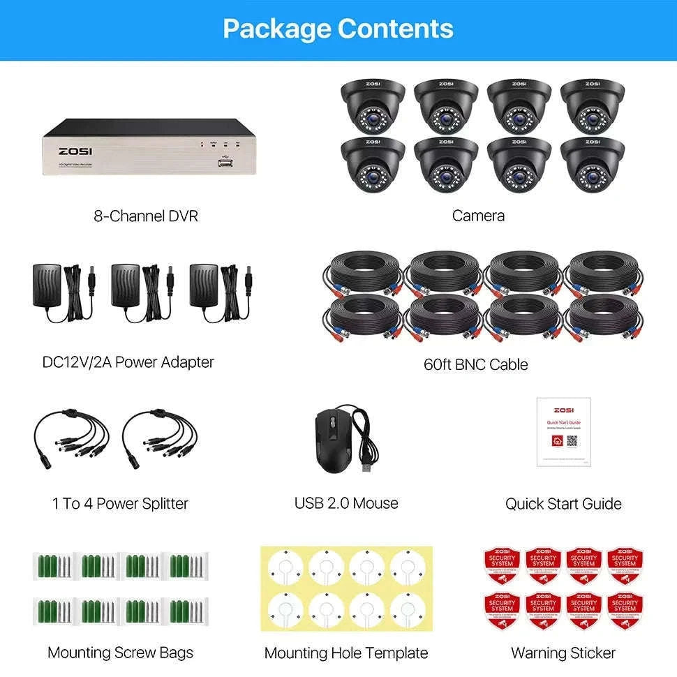 ZOSI 8CH 1080P Wired Security Camera System with 8 Dome Cameras-Black / None / Poland