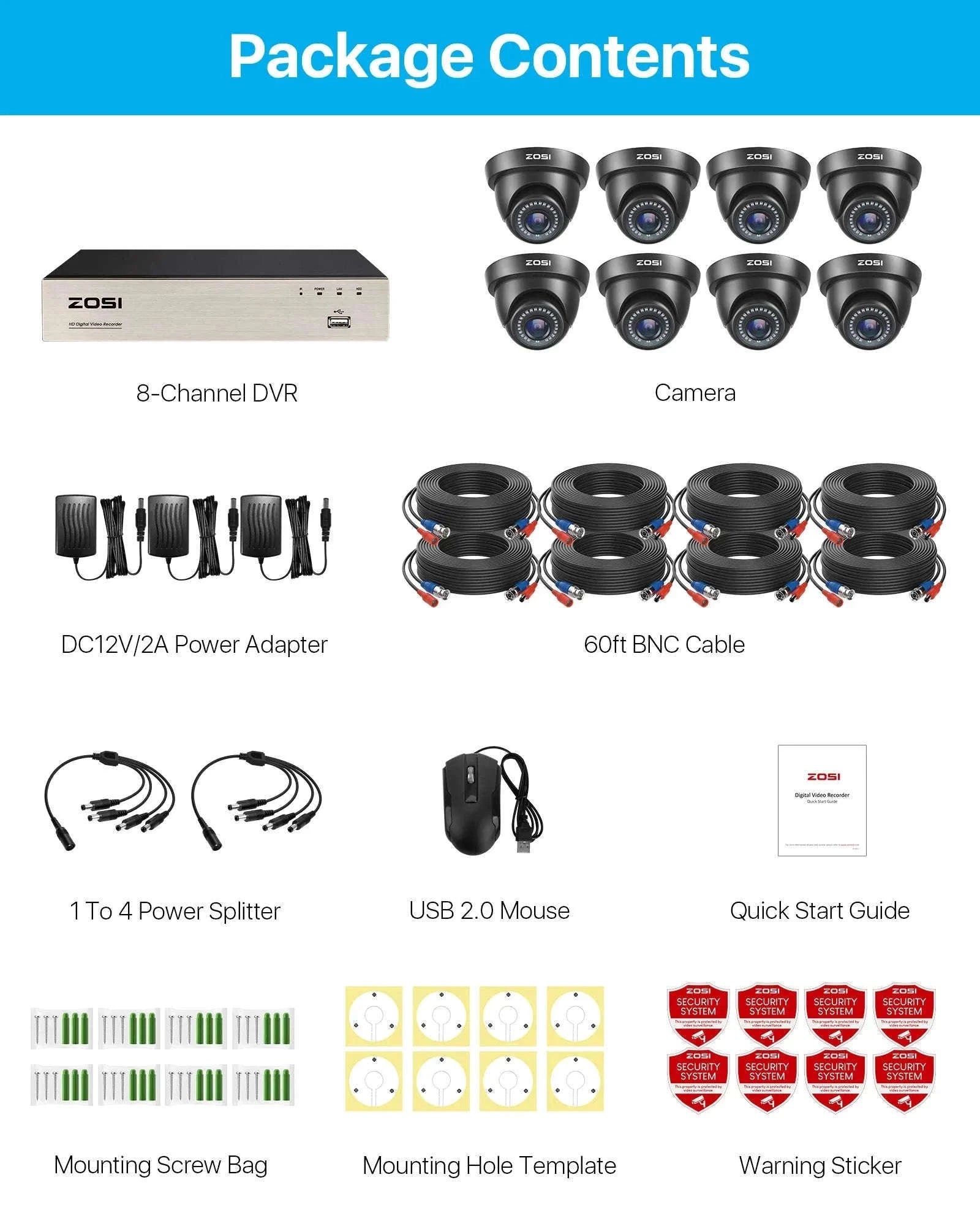 ZOSI 8CH 1080P Wired Security Camera System with 8 Dome Cameras-Black / None / Poland