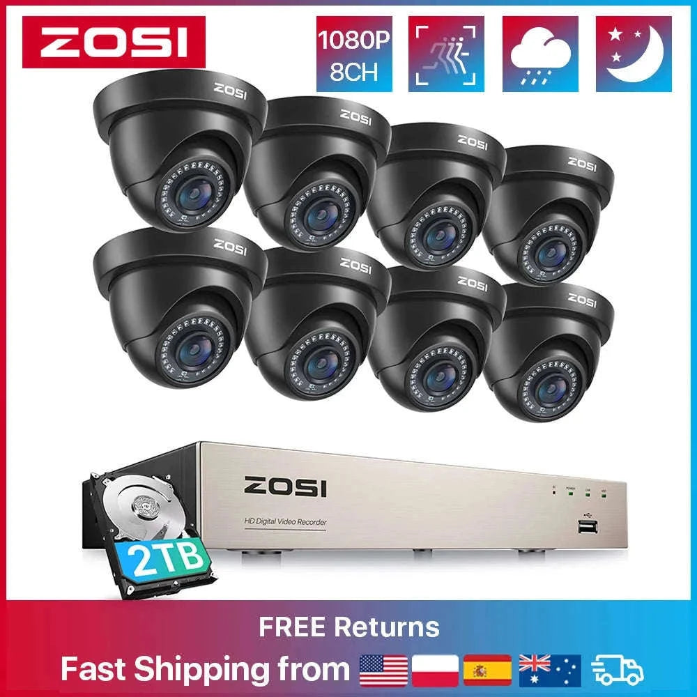 ZOSI 8CH 1080P Wired Security Camera System with 8 Dome Cameras-Black / None / Poland