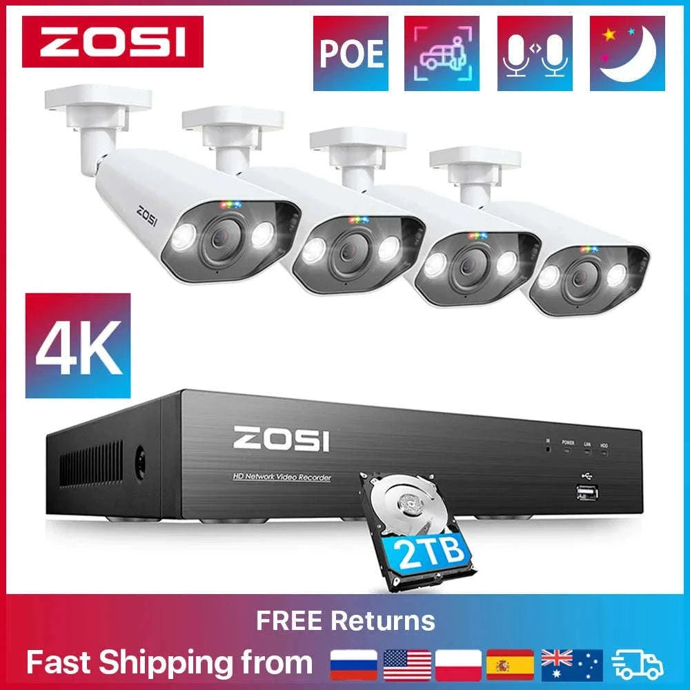 ZOSI 8MP 8CH PoE NVR Security Camera System with Siren and Audio-8CH NVR x 4Cams / Australia / 2T