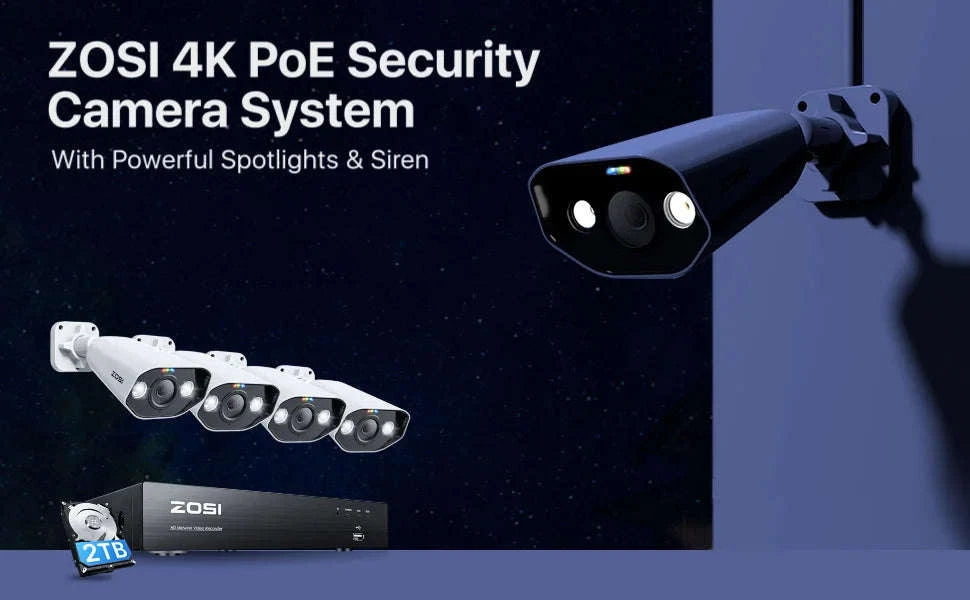 ZOSI 8MP 8CH PoE NVR Security Camera System with Siren and Audio-8CH NVR x 4Cams / Australia / 2T