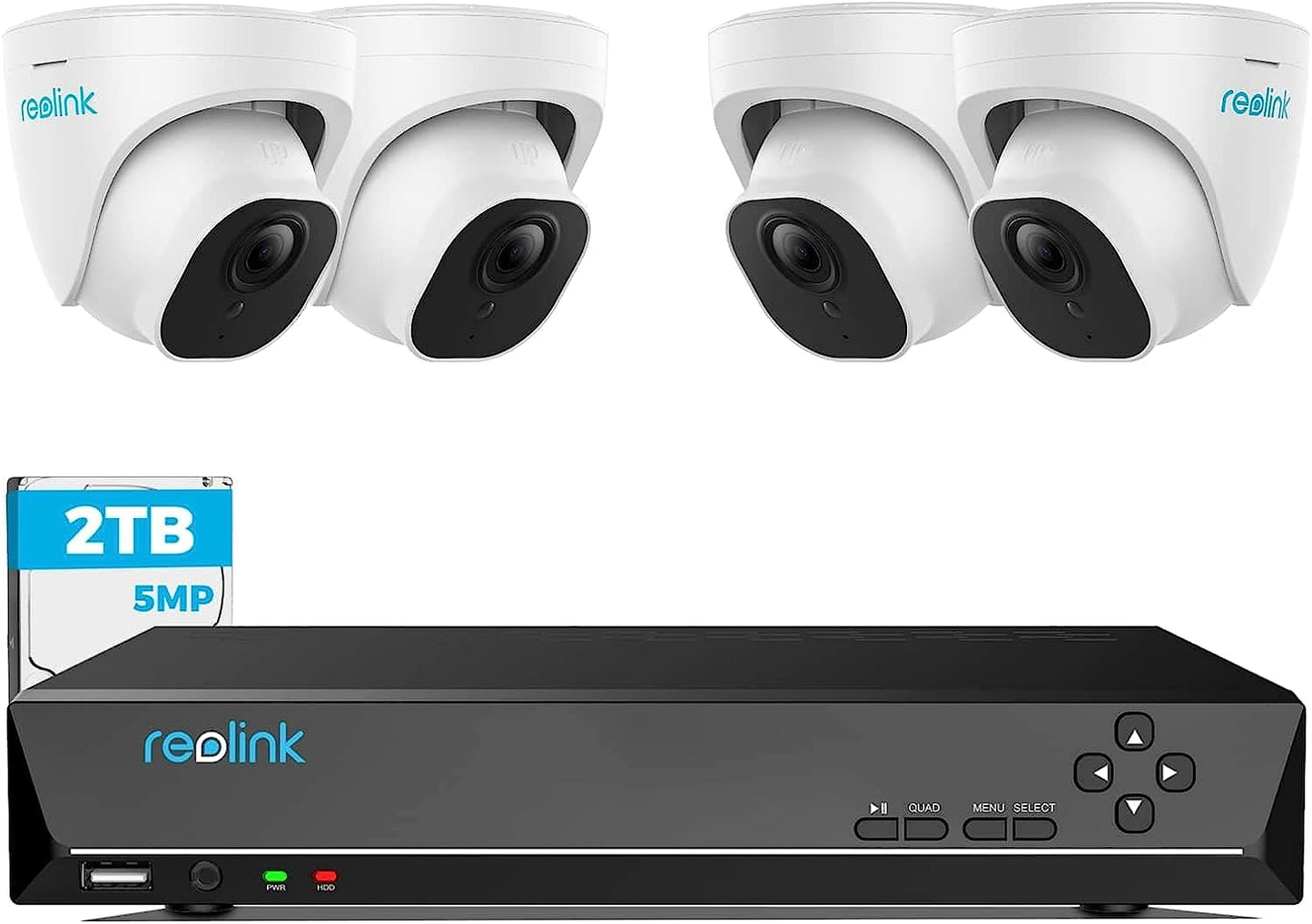 Reolink 5MP Outdoor Surveillance Camera Kit: Includes 4 x 5MP PoE IP Dome Cameras for Outdoor Surveillance, along with an 8-Channel 2TB HDD NVR for Continuous 24/7 Video Monitoring. Features Audio Recording, Motion Detection, Night Vision, and is identifi