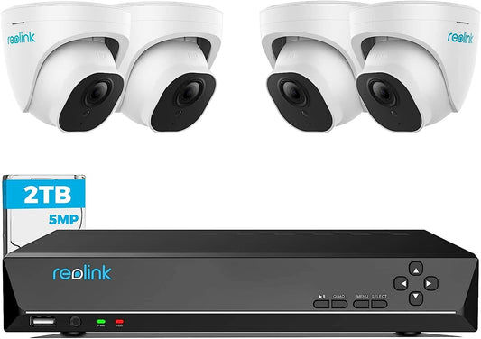 Komplet zunanjih nadzornih kamer Reolink s 5 MP: vključuje 4 x 5 MP PoE IP kupolaste kamere za zunanji nadzor, skupaj z 8-kanalnim 2TB HDD NVR za neprekinjen 24/7 video nadzor. Vsebuje zvočno snemanje, zaznavanje gibanja, nočni vid in identifikacijo