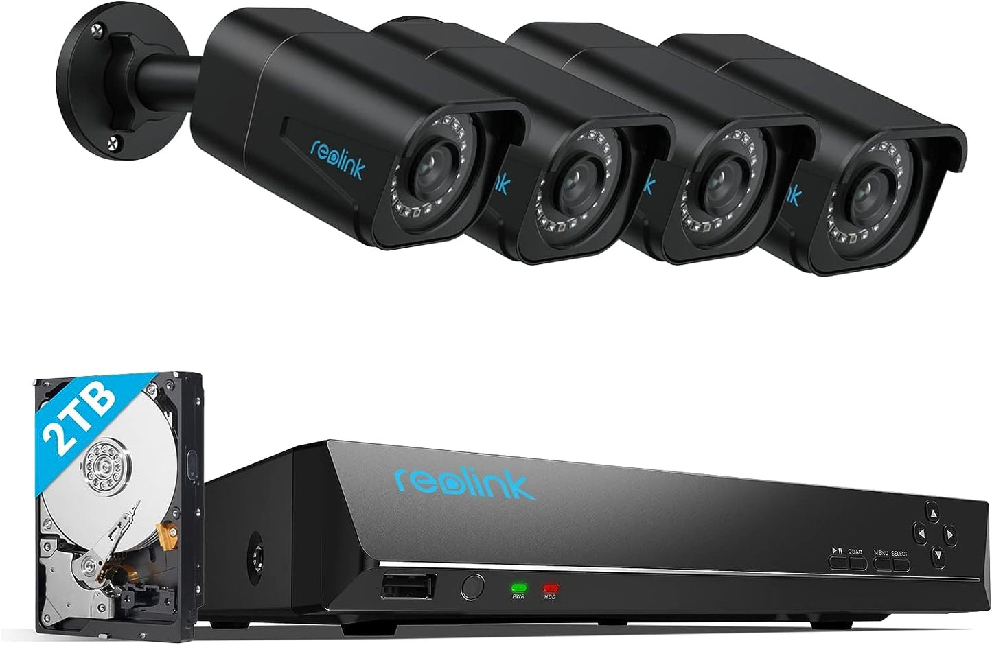 Reolink Kit Telecamera di Sicurezza 4K PoE H.265, 4 telecamere IP CCTV PoE da esterno cablate per rilevamento di persone/veicoli da 8 MP e NVR 8 canali con HDD da 2 TB per registrazione audio per visione notturna 24 ore su 24, 7 giorni su 7, RLK8-800B4