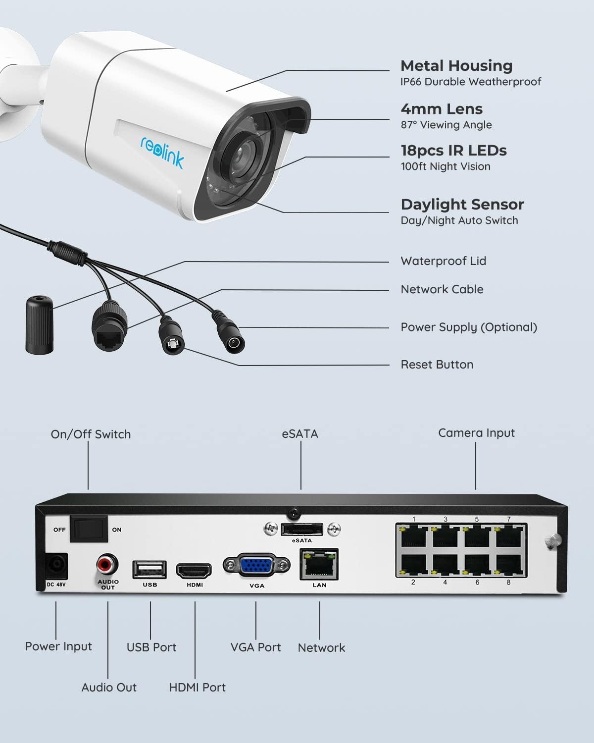 Sistem kompleta varnostnih kamer Reolink 4K PoE H.265, 4 kosi 8 MP žične zunanje CCTV IP kamere za zaznavanje oseb/vozil in 8-kanalni NVR z 2 TB trdim diskom za 24/7 snemanje zvoka nočnega vida, RLK8-800B4