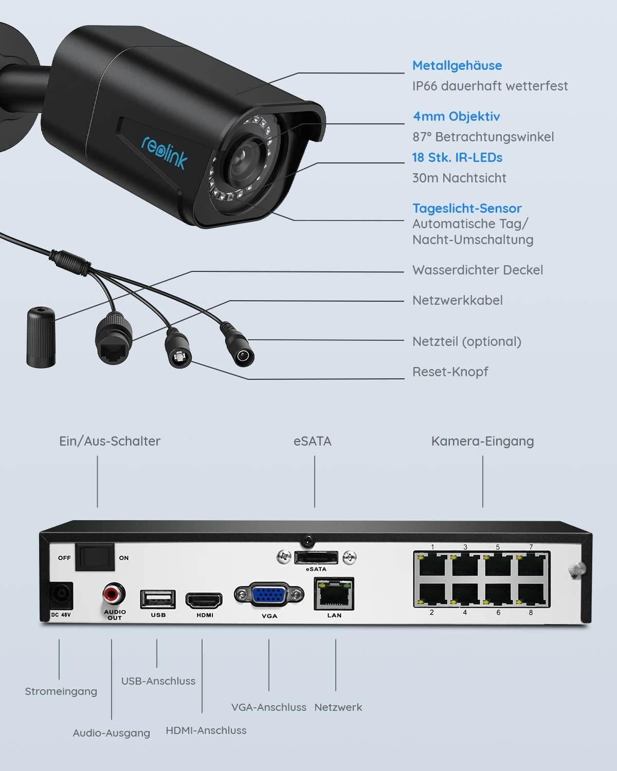 Reolink 8-Kanal-Kit 4K-Überwachungskamerasystem mit 4 PoE-IP-Kameras, 2 TB HDD NVR, Personen- und Fahrzeugerkennung, IP66 wetterfest, RLK8-800B4-A