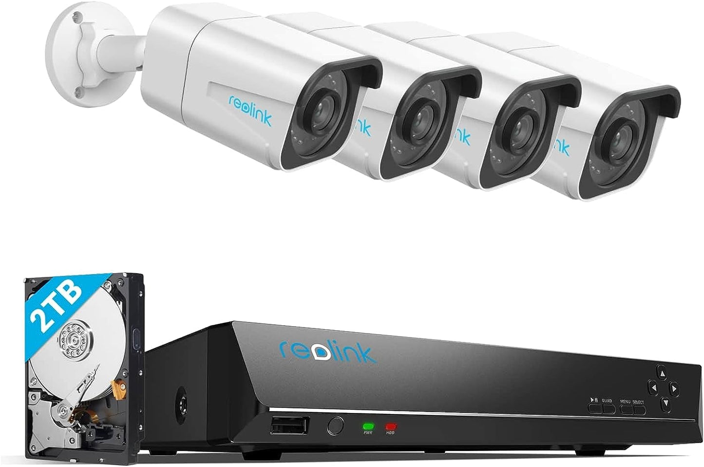 Reolink Kit 8 canali Sistema di telecamere di sicurezza 4K con 4 telecamere IP PoE, NVR HDD da 2 TB, rilevamento di persone e veicoli, IP66 resistente alle intemperie, RLK8-800B4-A