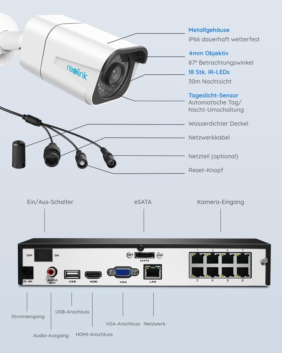 Reolink 8-Kanal-Kit 4K-Überwachungskamerasystem mit 4 PoE-IP-Kameras, 2 TB HDD NVR, Personen- und Fahrzeugerkennung, IP66 wetterfest, RLK8-800B4-A