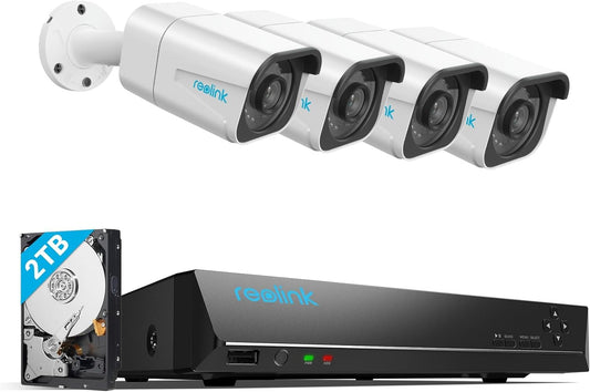 Reolink Kit Telecamera di Sicurezza 4K PoE H.265, 4 telecamere IP CCTV PoE da esterno cablate per rilevamento di persone/veicoli da 8 MP e NVR 8 canali con HDD da 2 TB per registrazione audio per visione notturna 24 ore su 24, 7 giorni su 7, RLK8-800B4
